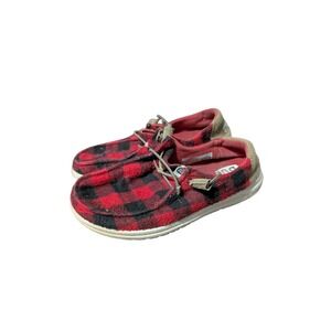 Hey Dude Womens Size 6 Wendy Red Buffalo Plaid Slip On Sneaker Shoes